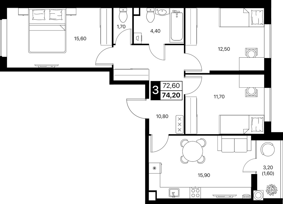 Планировка 3-комнатная 74,2 м²