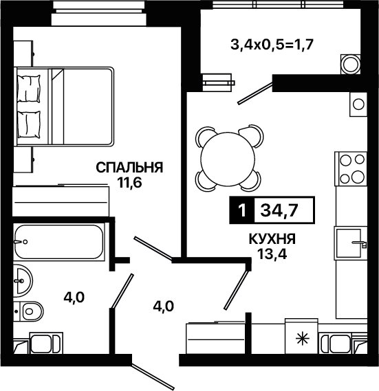 Планировка: 1-комн. квартира 34,7 м²