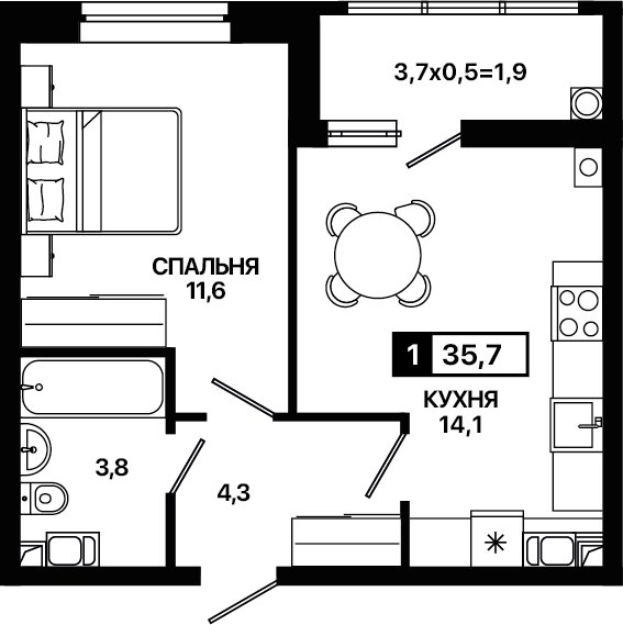 Планировка: 1-комн. квартира 35,7 м²
