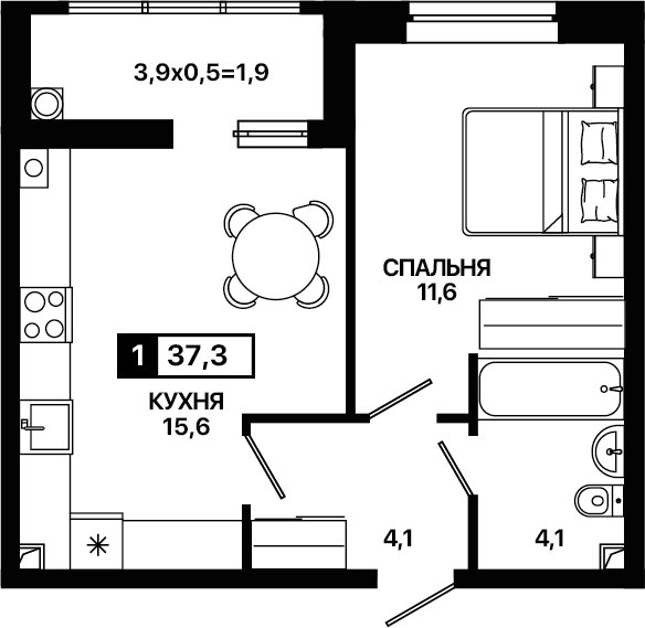 Планировка: 1-комн. квартира 37,3 м²