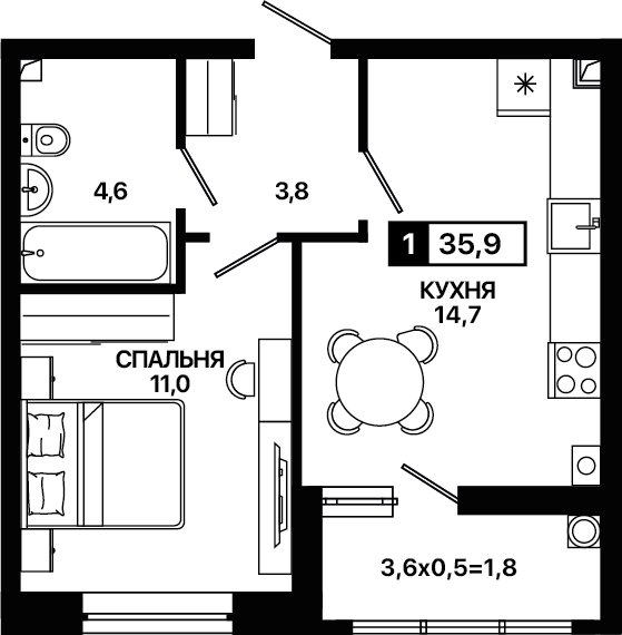 Планировка: 1-комн. квартира 35,9 м²