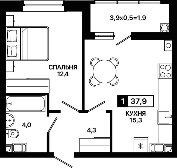 Планировка: 1-комн. квартира 37,9 м²
