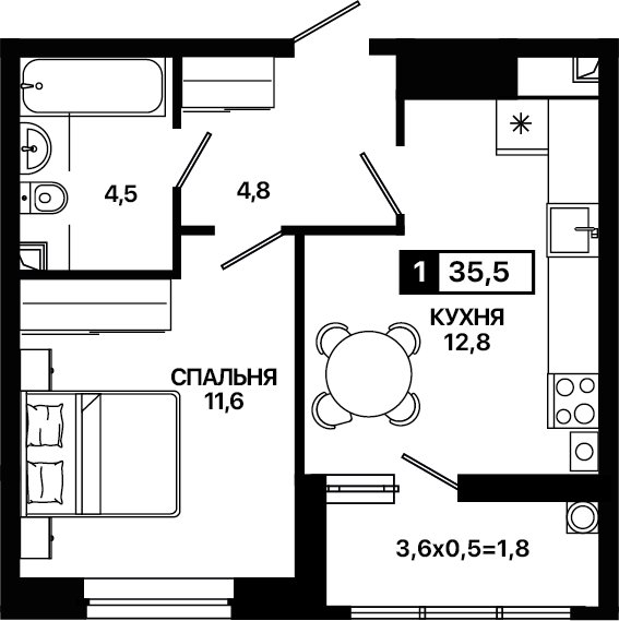 Планировка: 1-комн. квартира 35,5 м²