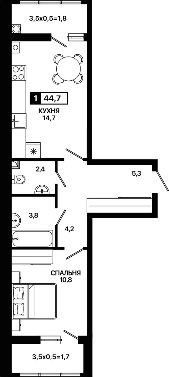 Планировка: 1-комн. квартира 44,7 м²