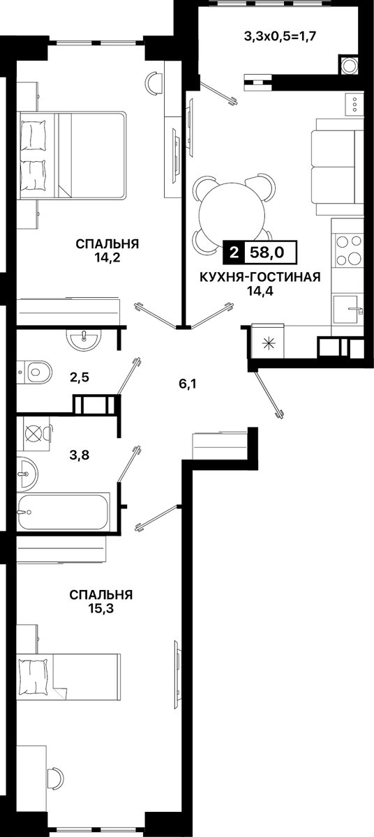 Планировка: 2-комн. квартира 58 м²