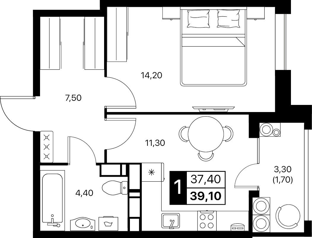 Планировка 1-комнатная 39,1 м²
