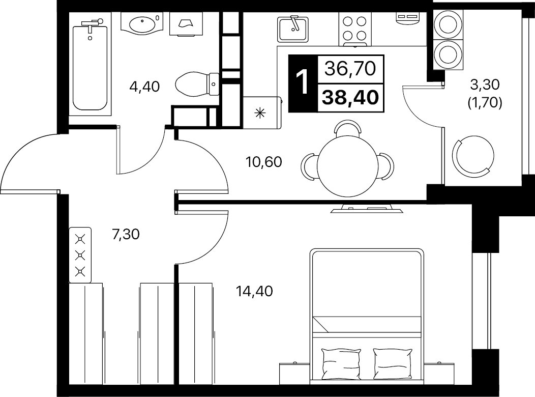 Планировка 1-комнатная 38,4 м²
