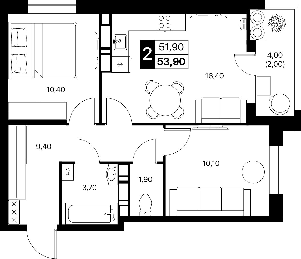 Планировка 2-комнатная 53,9 м²