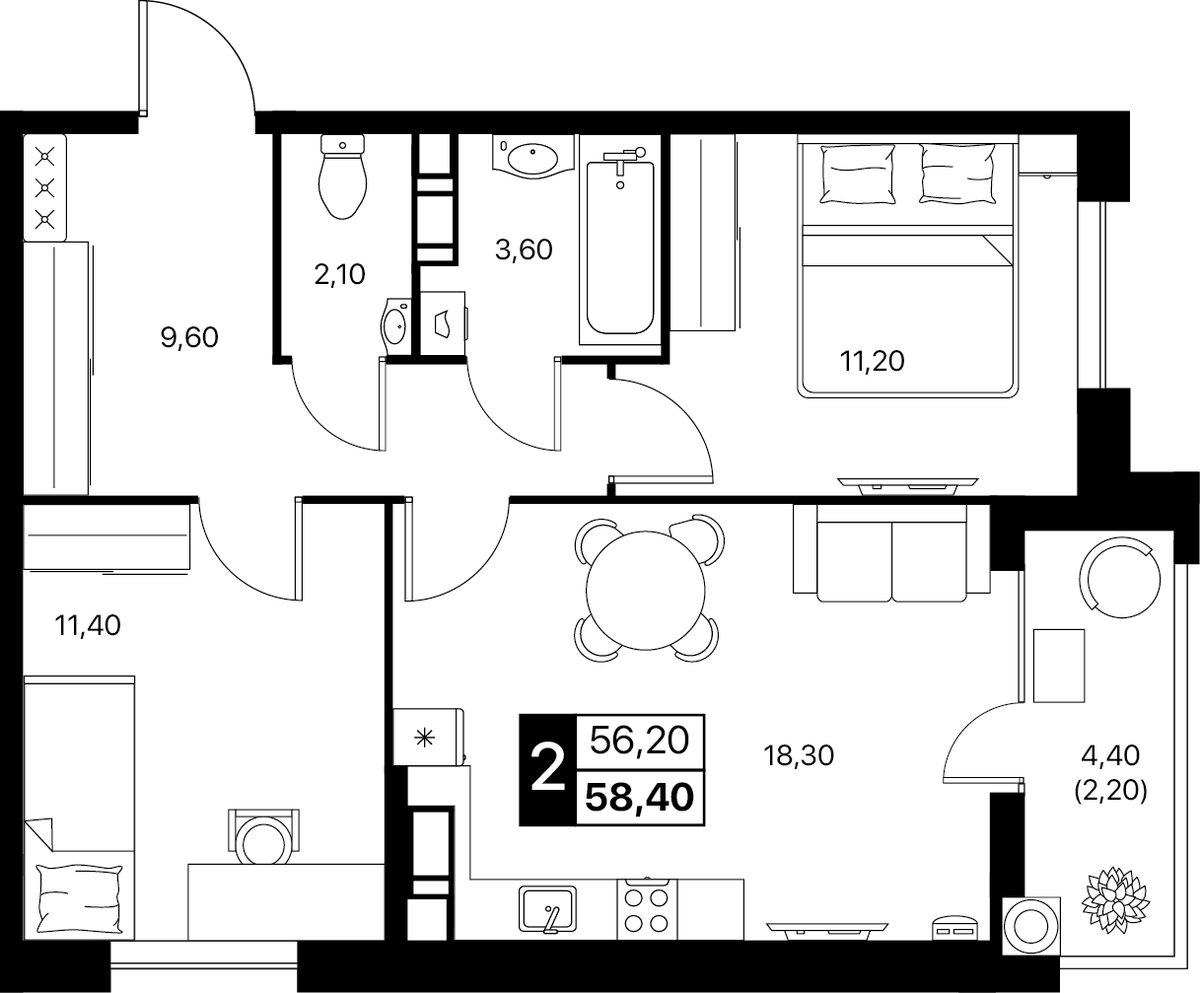 Планировка 2-комнатная 58,4 м²