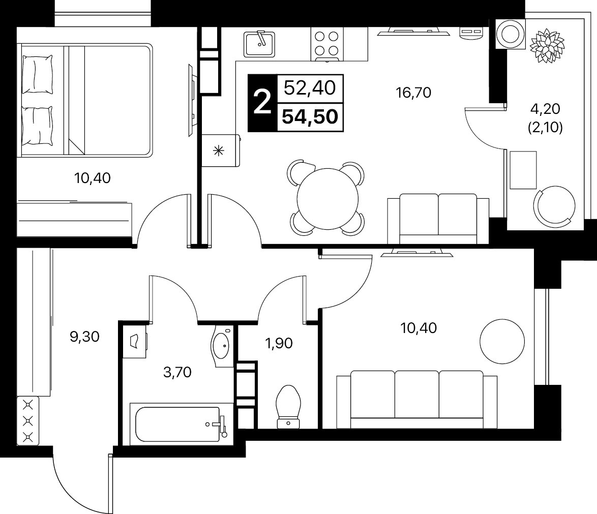 Планировка 2-комнатная 54,5 м²