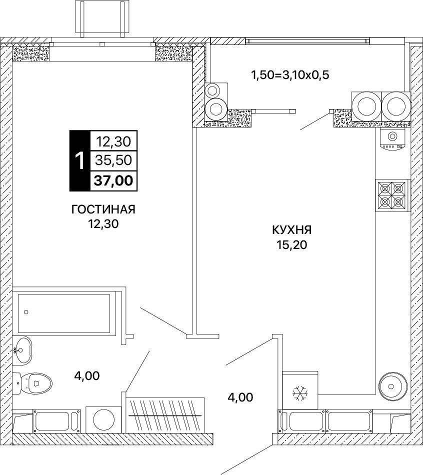 Планировка 1-комнатная 37 м²