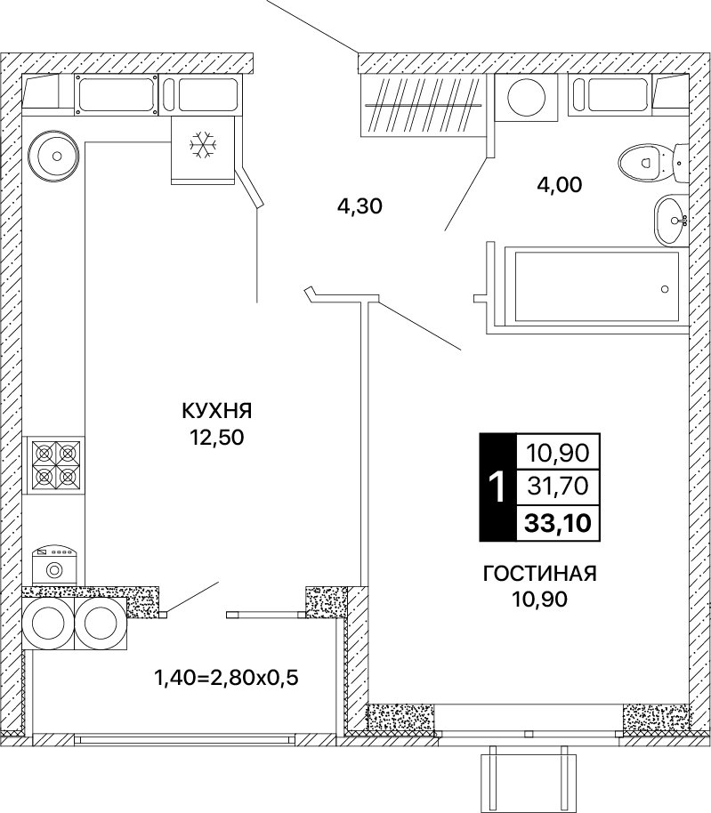 Планировка 1-комнатная 33,1 м²