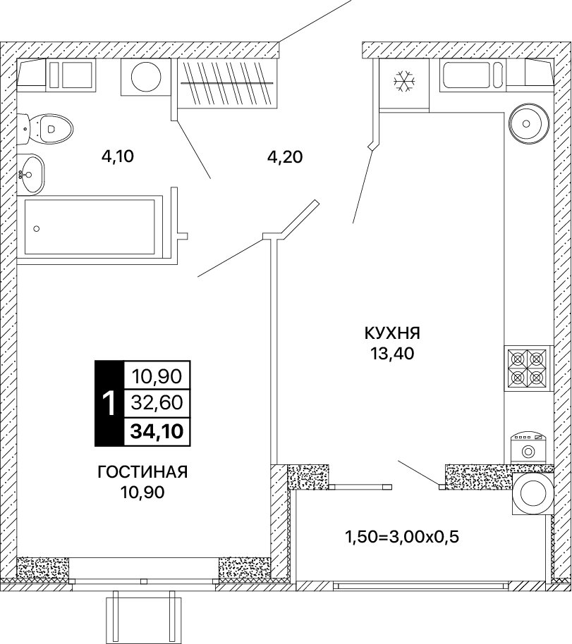Планировка 1-комнатная 34,1 м²