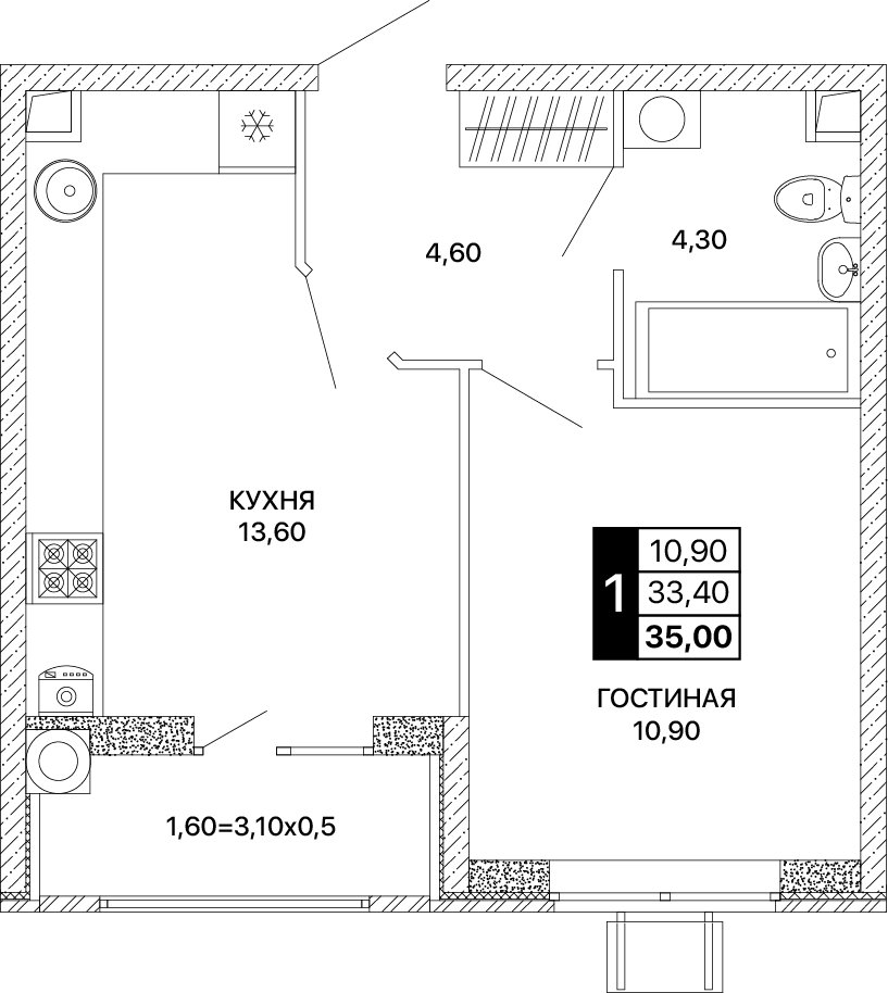 Планировка 1-комнатная 35 м²