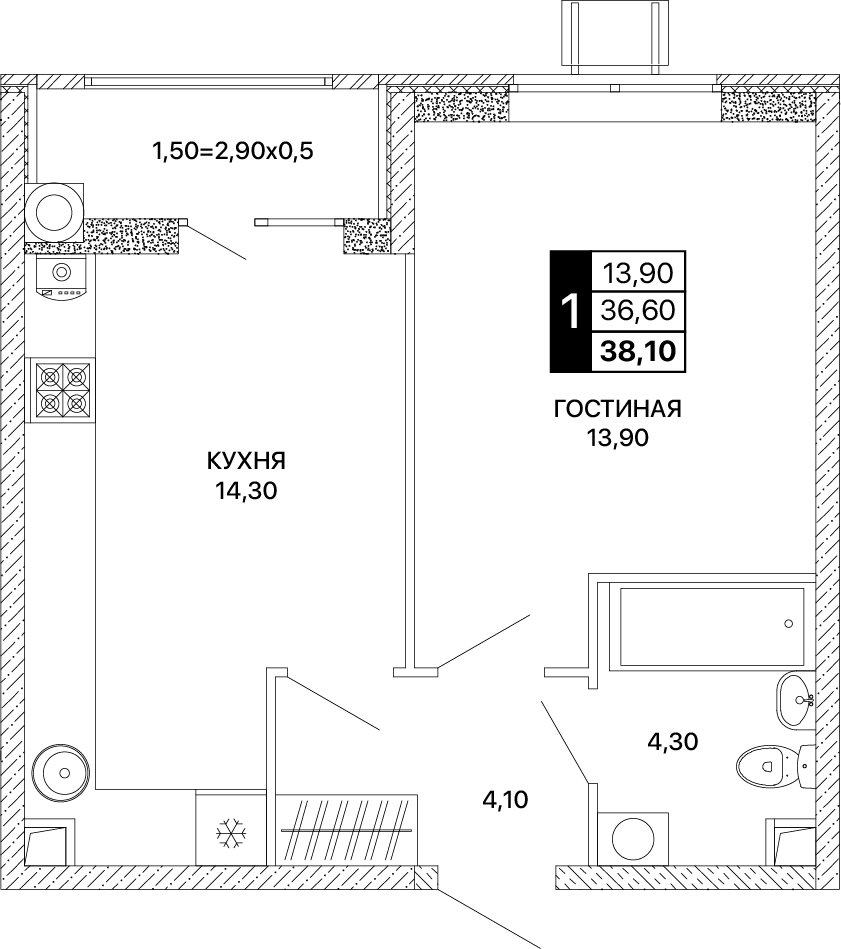 Планировка 1-комнатная 38,1 м²