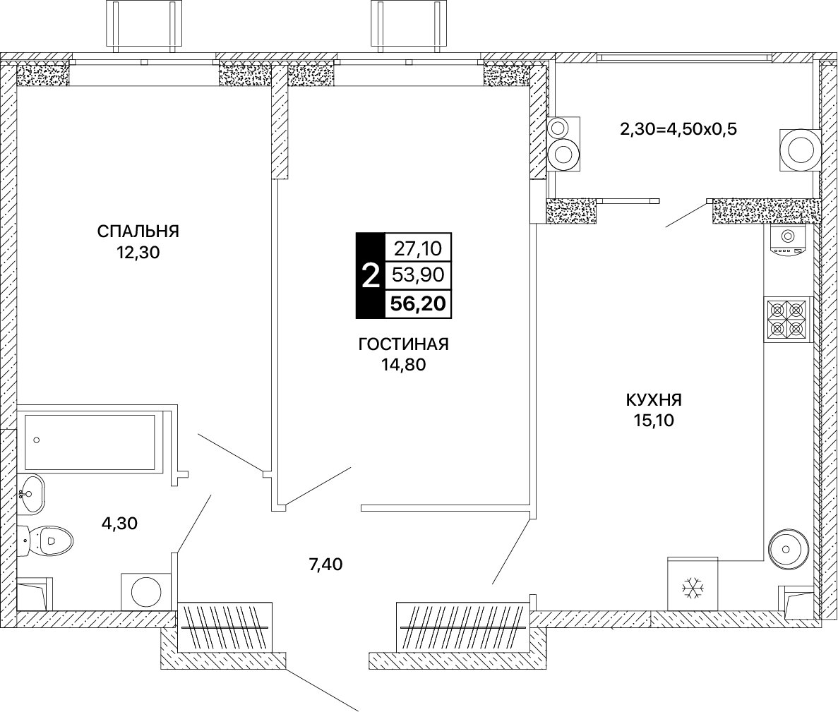 Планировка 2-комнатная 56,2 м²