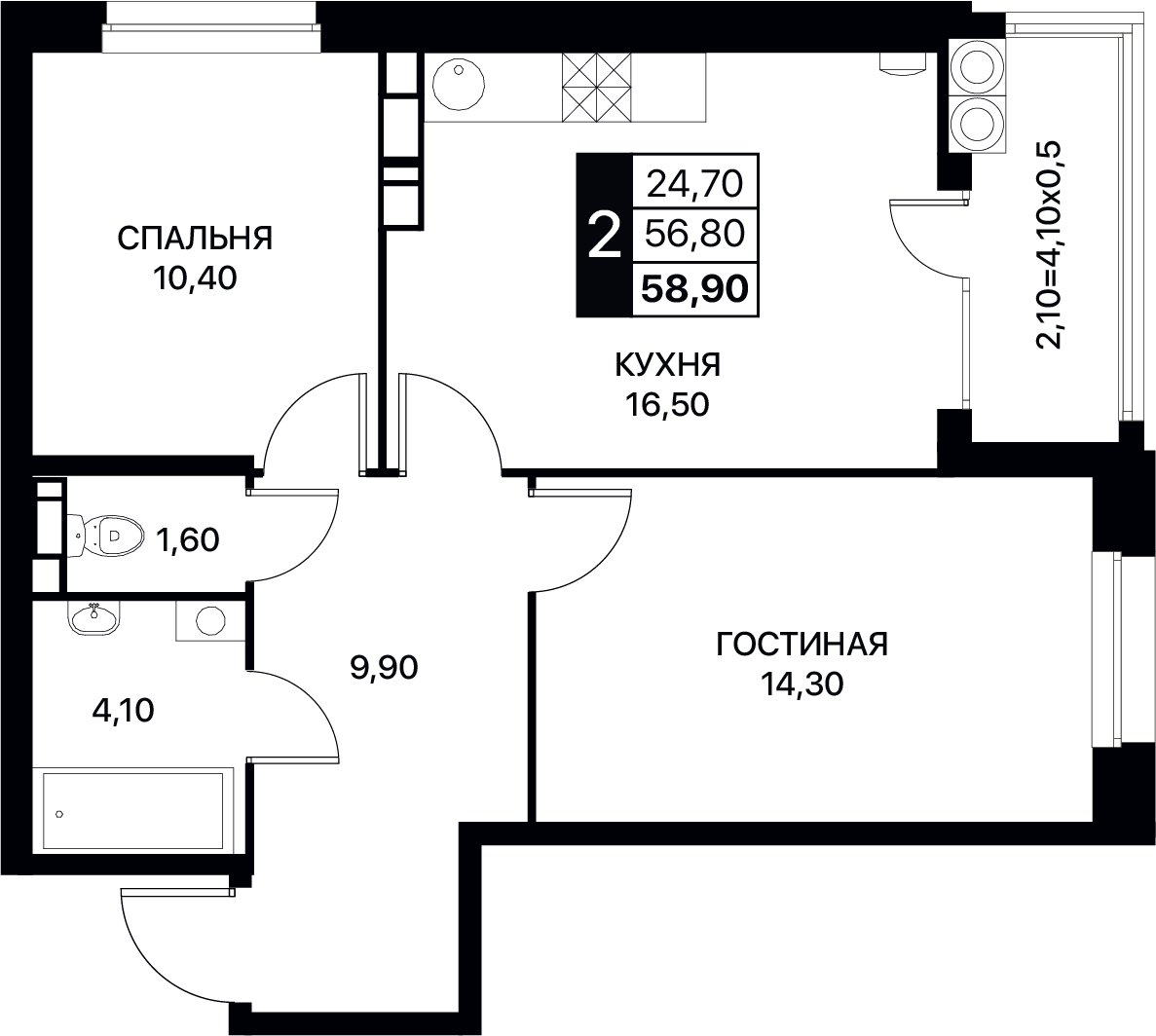 Планировка 2-комнатная 58,9 м²