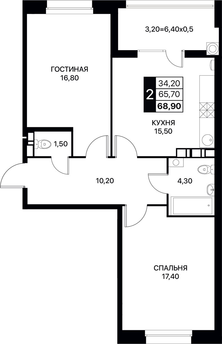 Планировка 2-комнатная 68,9 м²