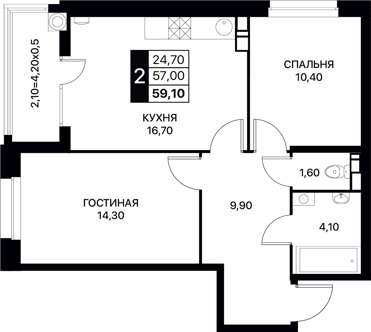 Планировка 2-комнатная 59,1 м²