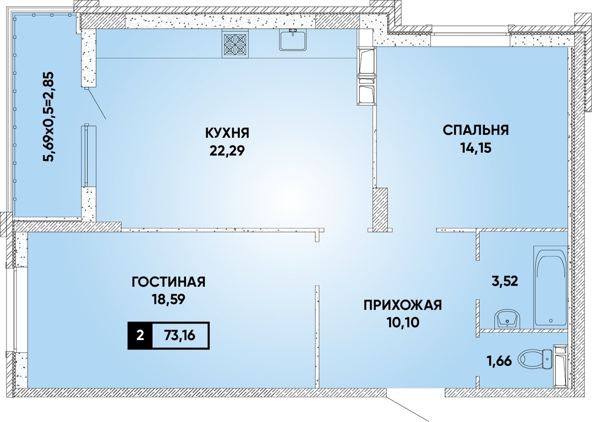 Планировка 2-комнатная 73,16 м²