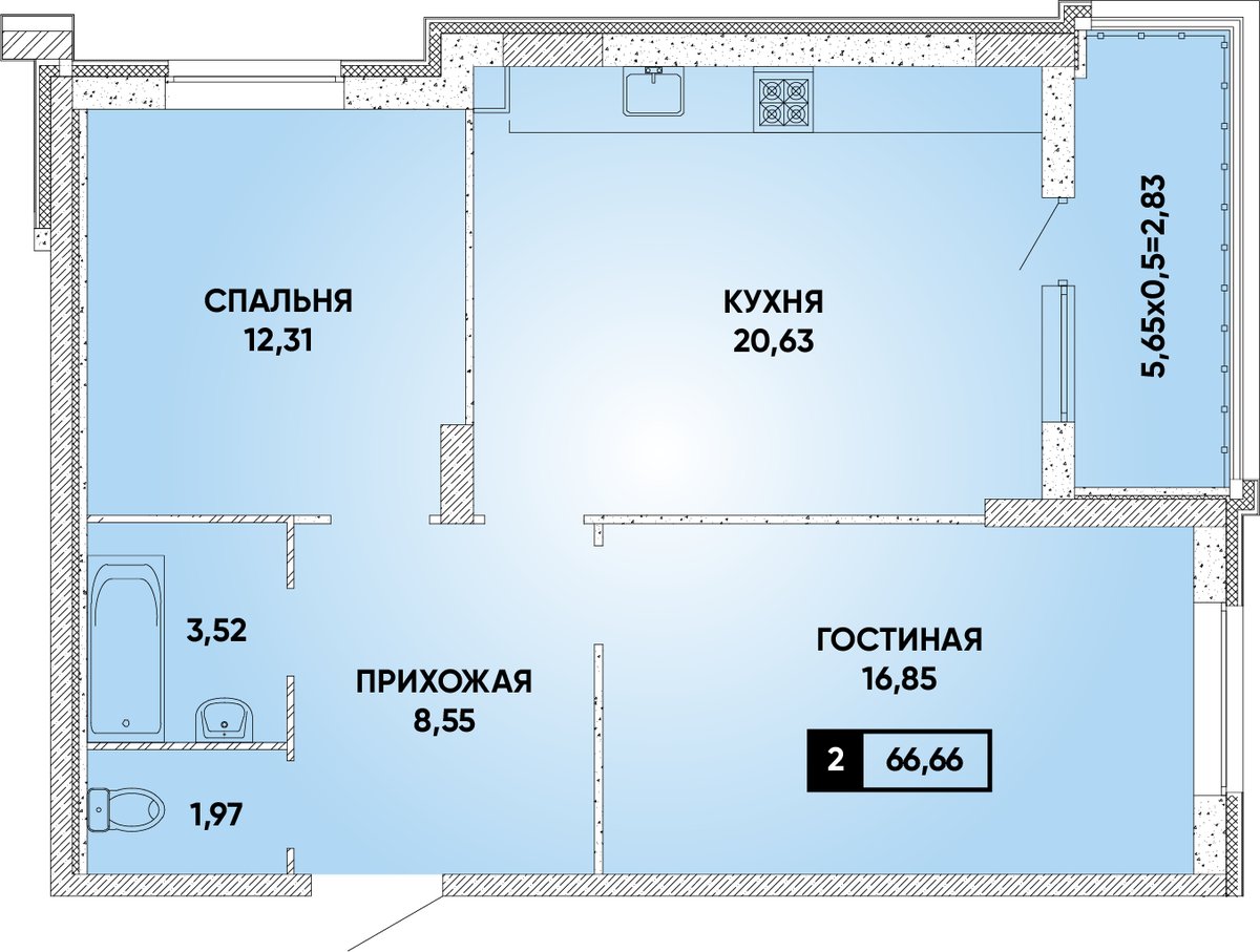 Планировка 2-комнатная 66,66 м²