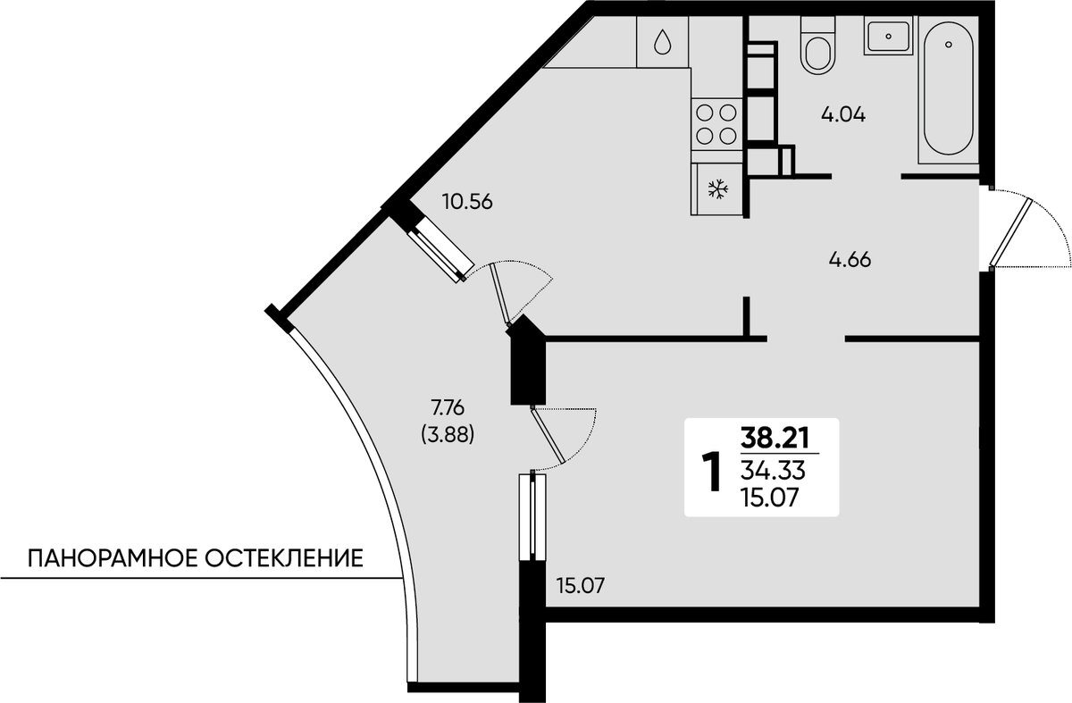 Планировка 1-комнатная 38,21 м²