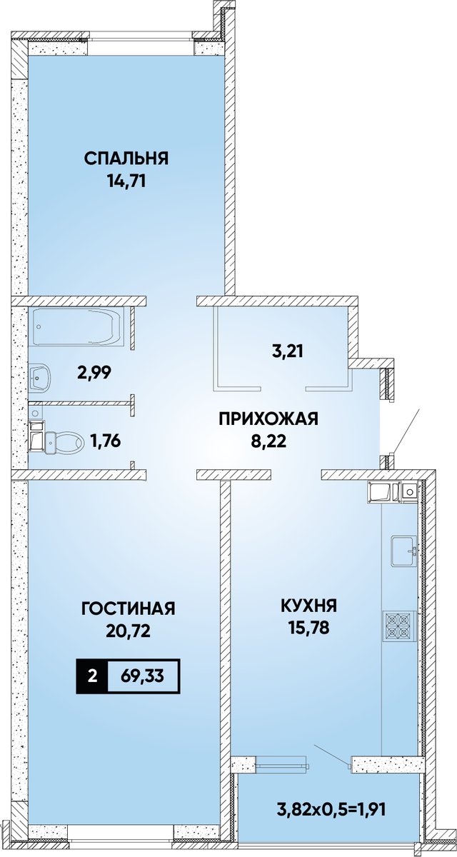 Планировка 2-комнатная 69,33 м²