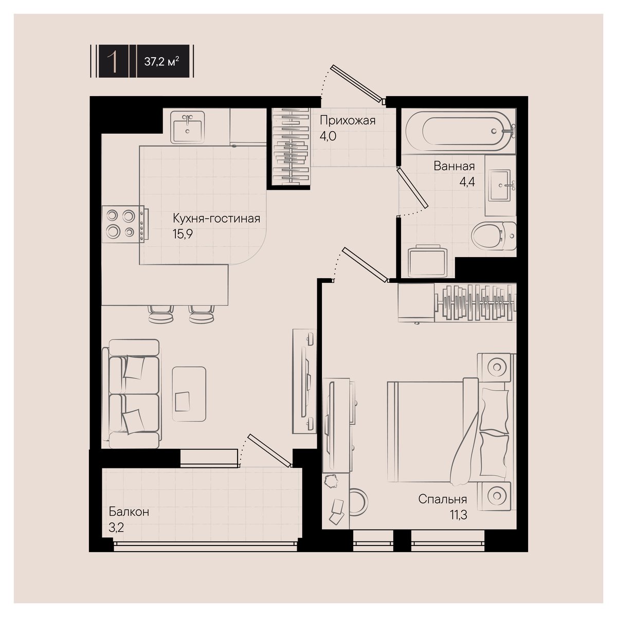 Планировка: 1-комн. квартира 37,2 м²