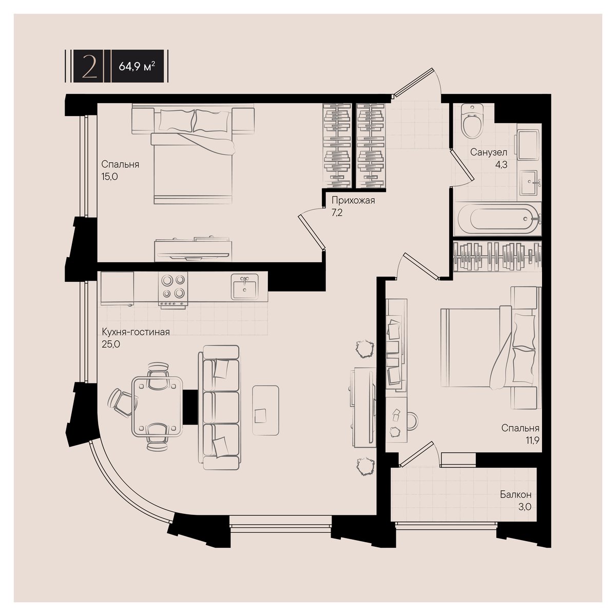 Планировка 2-комнатная 64,9 м²