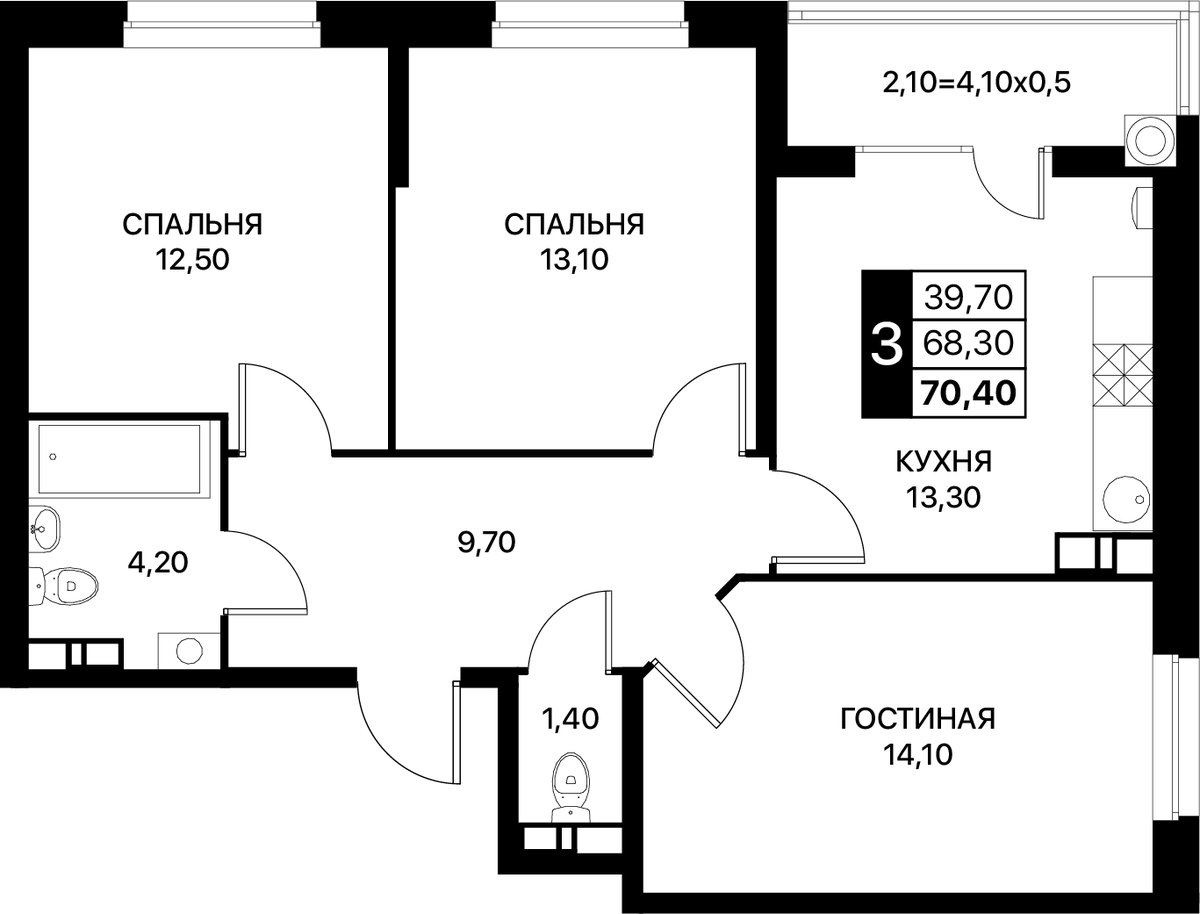 Планировка 3-комнатная 70,4 м²