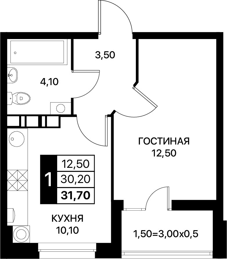 Планировка 1-комнатная 31,7 м²