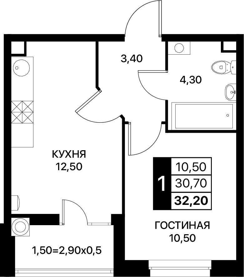 Планировка 1-комнатная 32,2 м²