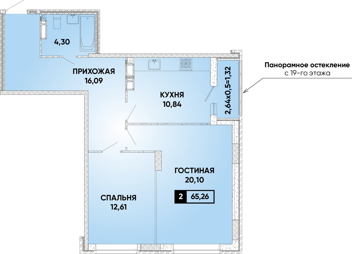 Планировка 2-комнатная 65,26 м²