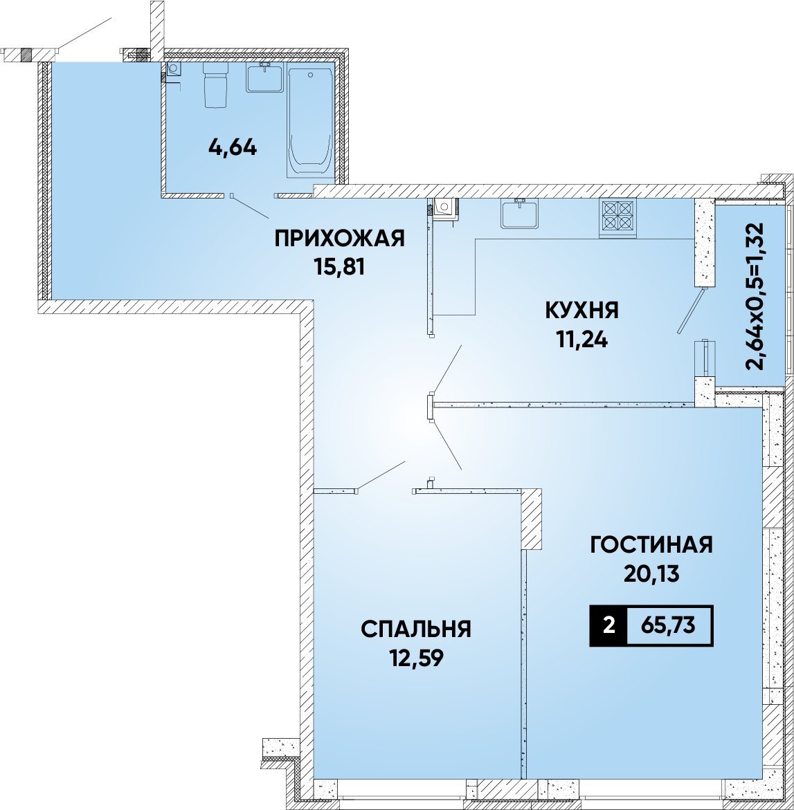 Планировка: 2-комн. квартира 65,7 м²