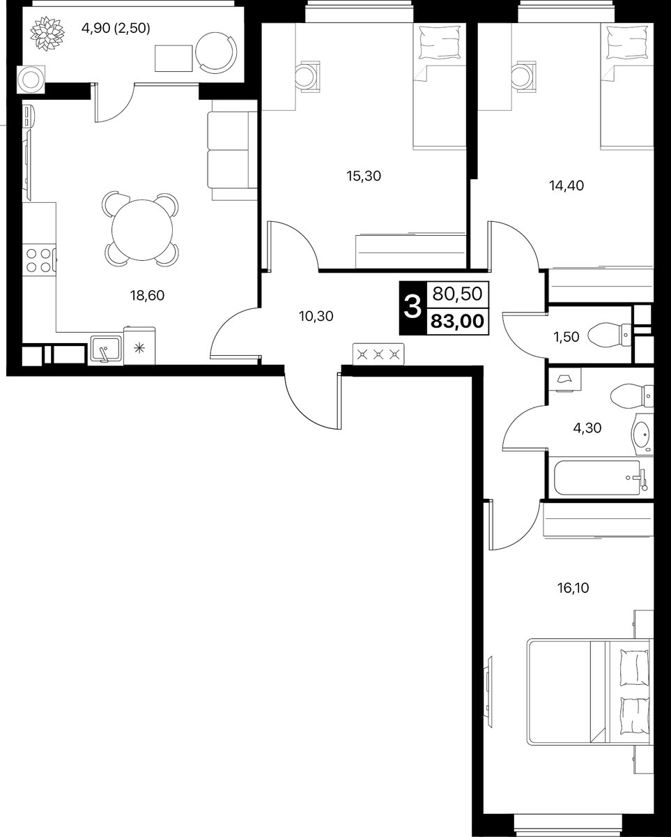 Планировка 3-комнатная 83 м²