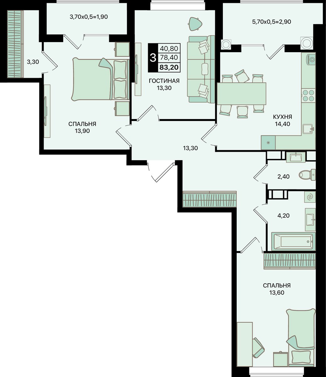 Планировка 3-комнатная 83,2 м²