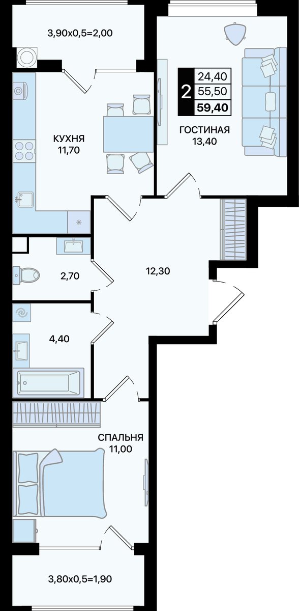 Планировка 2-комнатная 59,4 м²