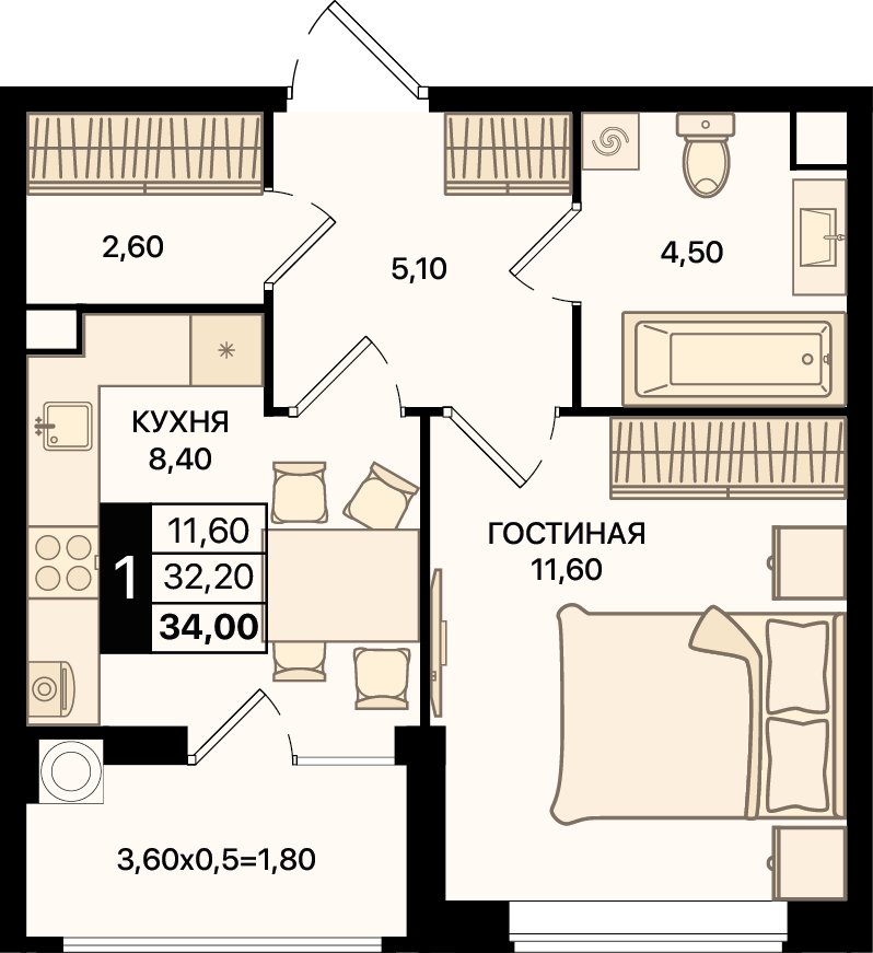 Планировка 1-комнатная 34 м²