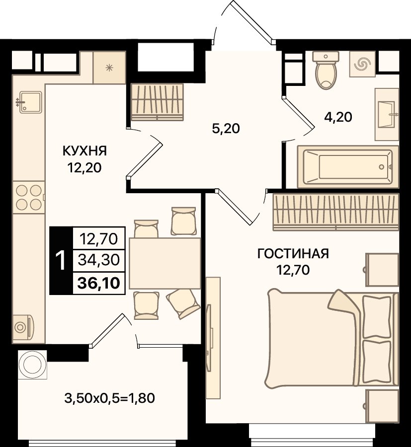 Планировка 1-комнатная 36,1 м²