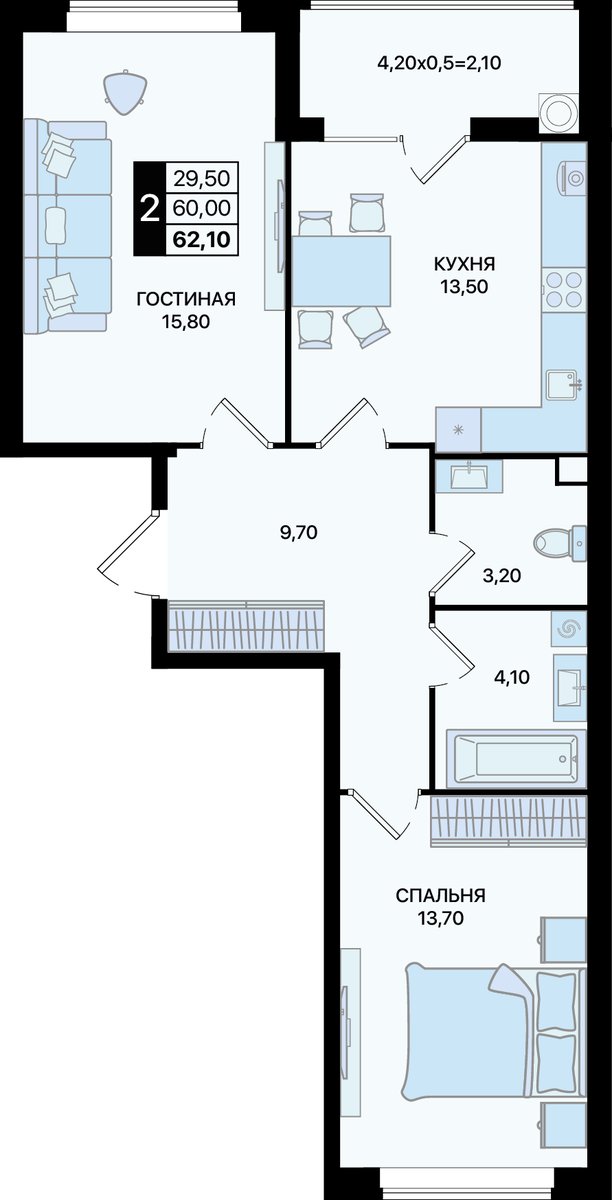 Планировка 2-комнатная 62,1 м²