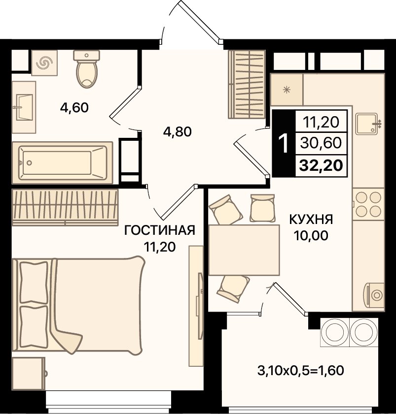 Планировка 1-комнатная 32,2 м²