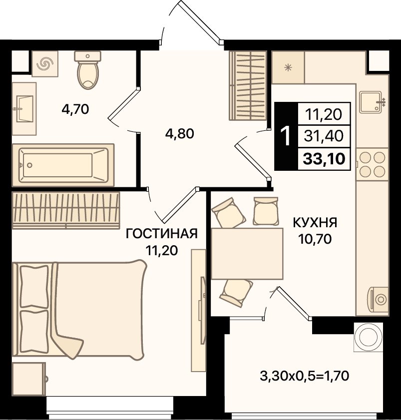 Планировка 1-комнатная 33,1 м²