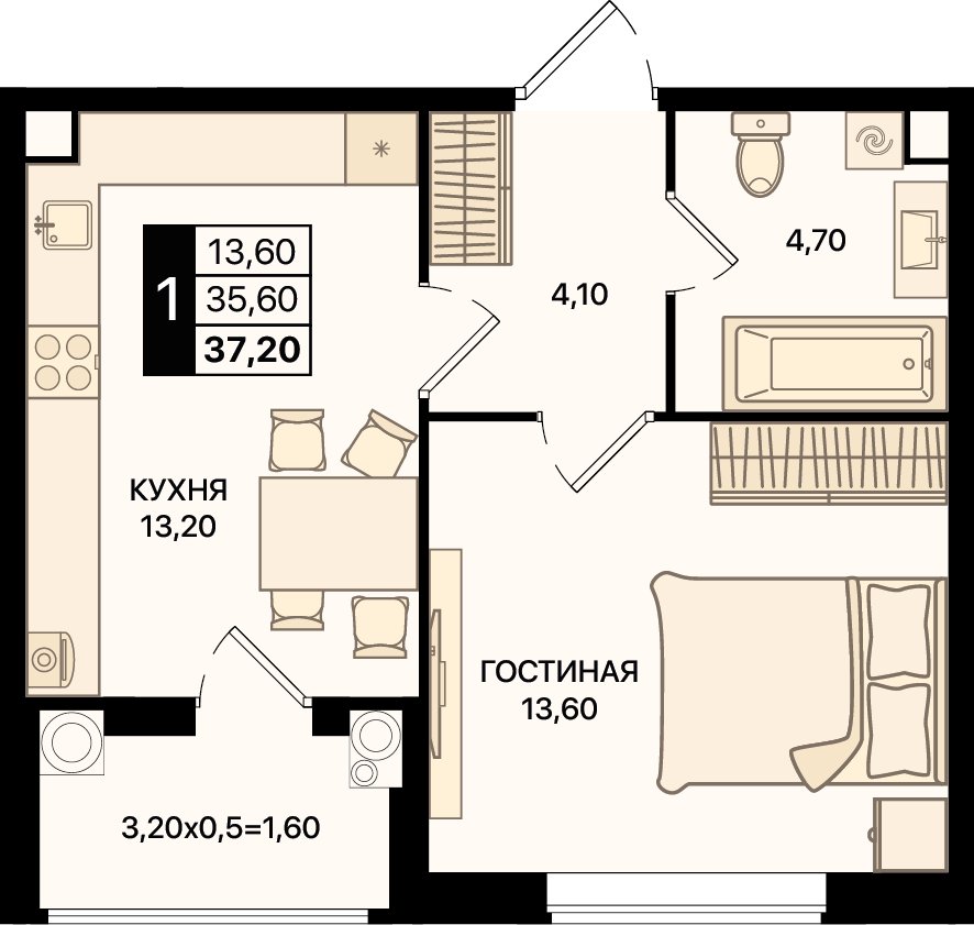Планировка 1-комнатная 37,2 м²