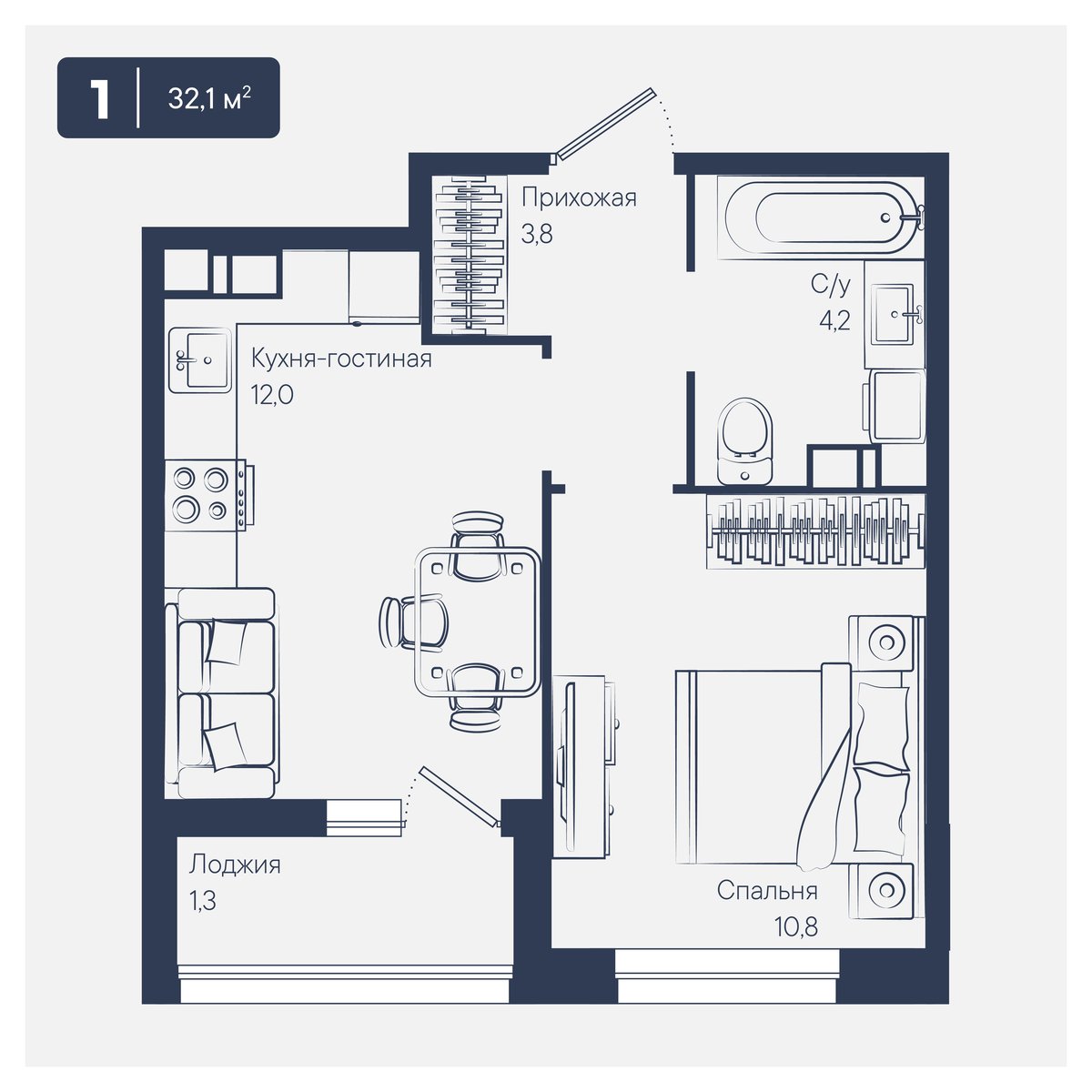 Планировка 1-комнатная 32,1 м²