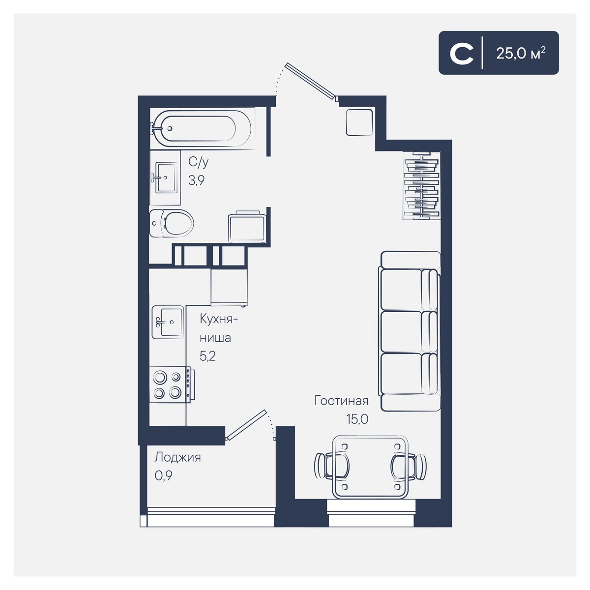 Планировка Студия 25 м²