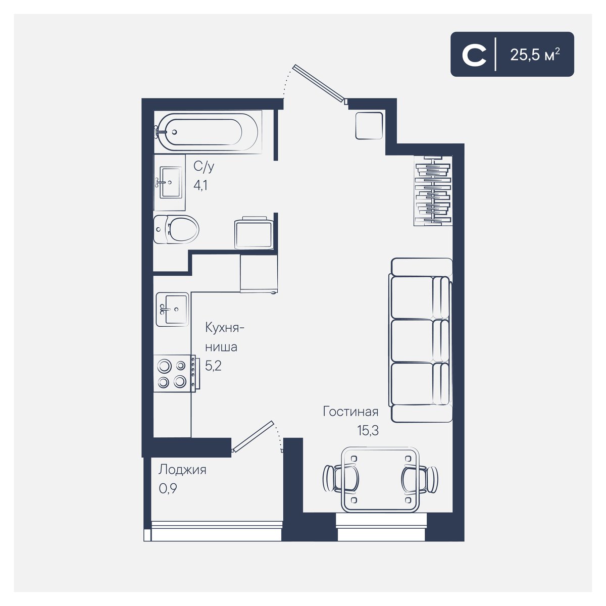 Планировка: Студия 25,5 м²