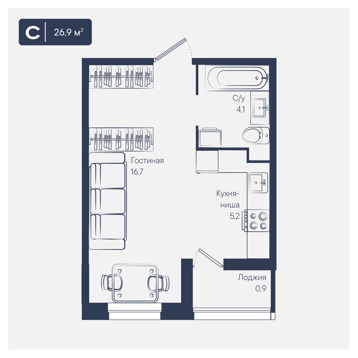 Планировка: Студия 26,9 м²