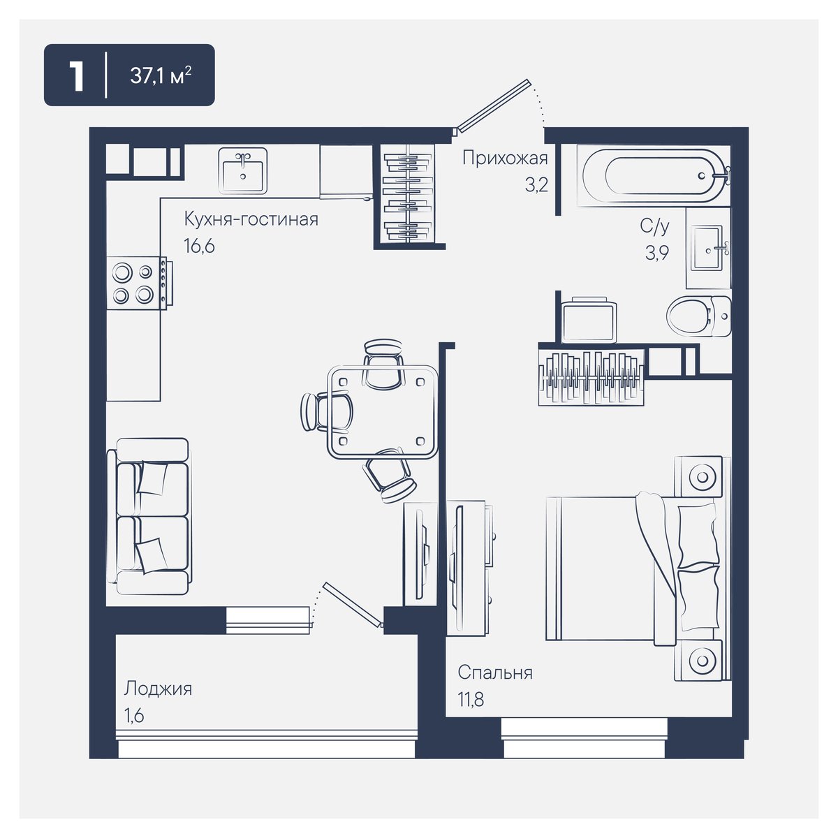 Планировка 1-комнатная 37,1 м²