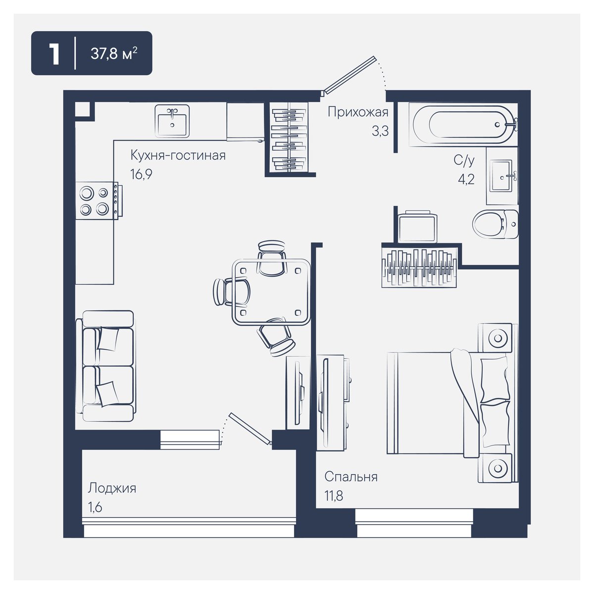 Планировка: 1-комн. квартира 37,8 м²