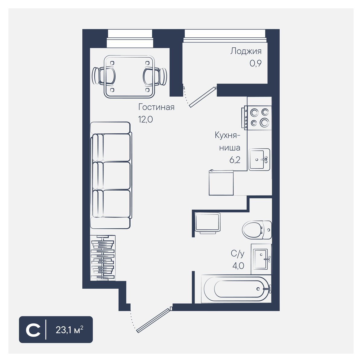 Планировка: Студия 23,1 м²